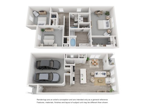 a stylized 3d floor plan of a house with a car and a balcony